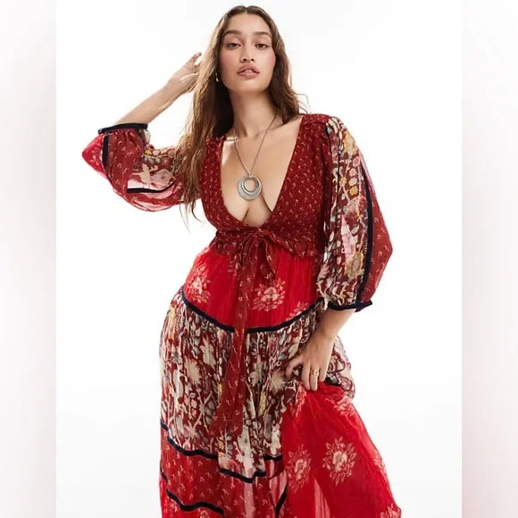 Free People Bali Laurel Bohemian Long Sleeve Red Maxi Dress - $298 - Picture 2 of 16